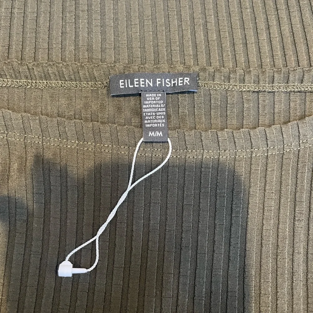 Eileen Fisher Tencel Stretch Rib Ribbed Knee Sleeved Green Olive Dress M New - Picture 7 of 8